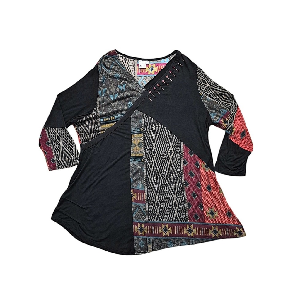 Parsley & Sage Black Boho Artsy Patchwork Tunic Top 2X Mixed print Lagenlook